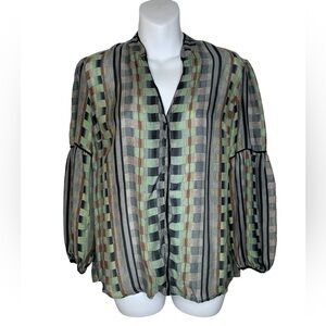 Anthropologie Lightweight Green Multi Color Checkered Long Sleeve Blouse